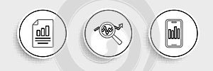 Set line Mobile with graph, Document chart and Search data analysis icon. Vector