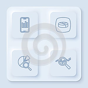 Set line Mobile with graph, Pie chart infographic, Search data analysis and . White square button. Vector