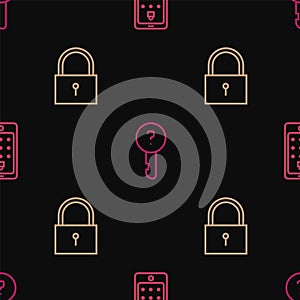 Set line Mobile and graphic password, Lock and Undefined key on seamless pattern. Vector