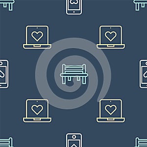 Set line Mobile with heart, Dating app online and Romantic bench on seamless pattern. Vector