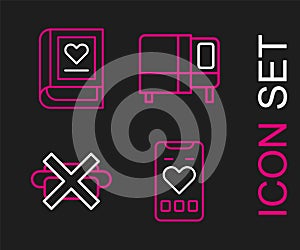 Set line Mobile with heart rate, No junk food, Bed and Medical book icon. Vector