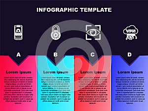 Set line Mobile and password, Safe combination lock wheel, Eye scan and Cloud VPN interface. Business infographic