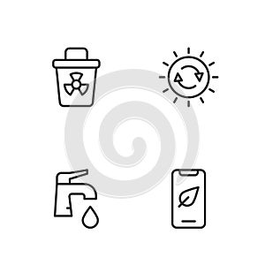 Set line Mobile phone with leaf, Water tap, Infectious waste and Solar energy panel icon. Vector
