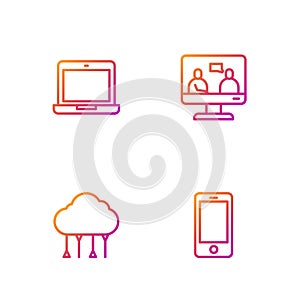 Set line Mobile phone, Network cloud connection, Laptop and Online education. Gradient color icons. Vector