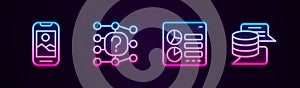 Set line Mobile phone, Neural network, Computer api interface and Server, Data. Glowing neon icon. Vector