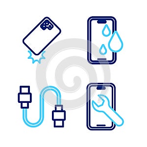 Set line Mobile service, USB cable cord, Waterproof phone and Shockproof icon. Vector