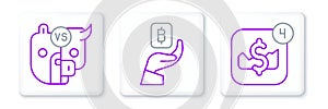 Set line Mobile stock trading, Bull and bear of market and Hand holding Bitcoin icon. Vector