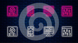 Set line Mobile stock trading, Computer with growth graph, Pie chart infographic and Bitcoin browser. Glowing neon icon