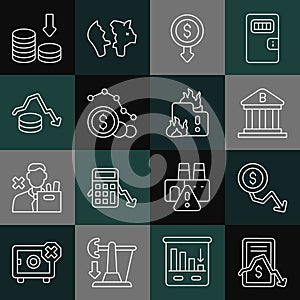 Set line Mobile stock trading, Dollar rate decrease, Bank building, and Fire burning house icon. Vector