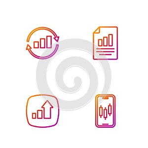Set line Mobile stock trading, Financial growth, Graph chart infographic and Document with. Gradient color icons. Vector