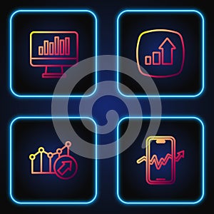 Set line Mobile stock trading, Financial growth, Monitor with graph chart and . Gradient color icons. Vector