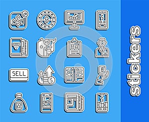 Set line Mobile stock trading, Hand holding Bitcoin, Trader, Computer with growth graph, Bull bear of market, Office