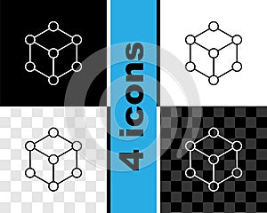 Set line Molecule icon isolated on black and white, transparent background. Structure of molecules in chemistry, science
