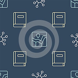 Set line Molecule, Science book and Graph chart infographic on seamless pattern. Vector