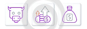 Set line Money bag, Bull market and Financial growth and coin icon. Vector