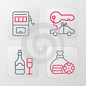 Set line Money bag, Champagne bottle with glass, Car gift and Slot machine icon. Vector