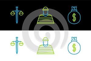 Set line Money bag, Scales of justice and Prisoner icon. Vector