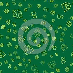 Set line Money exchange, Envelope with dollar symbol and Piggy bank and hammer on seamless pattern. Vector