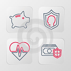 Set line Money with shield, Health insurance, Life and Piggy bank icon. Vector