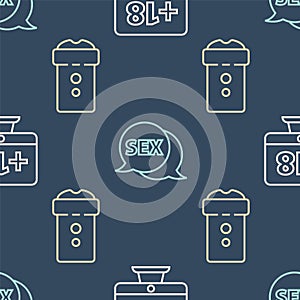 Set line Monitor with 18 plus content, Vagina masturbator and Speech bubble with Sex on seamless pattern. Vector
