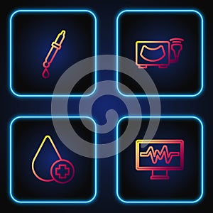 Set line Monitor with cardiogram, Donate drop blood, Pipette and Ultrasound. Gradient color icons. Vector