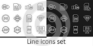 Set line Monitor with 5G network, Processor, Sim Card and card setting icon. Vector