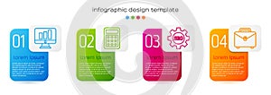 Set line Monitor with graph chart, Calculator, Seo tag with gear wheel and Briefcase. Business infographic template