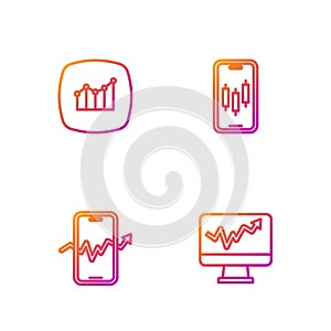 Set line Monitor with graph chart, Mobile stock trading, Financial growth and . Gradient color icons. Vector