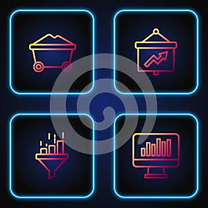 Set line Monitor with graph chart, Sales funnel, Coal mine trolley and Board. Gradient color icons. Vector