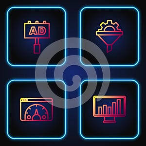 Set line Monitor with graph chart, Website statistic, Advertising and Sales funnel gear. Gradient color icons. Vector