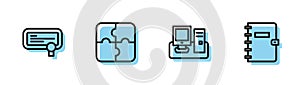 Set line Monitor with keyboard, Certificate template, Piece of puzzle and Spiral notebook icon. Vector