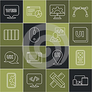Set line Monitor, mobile, tablet, UI UX design, Web development, Computer mouse, Color palette guide, and graphic and