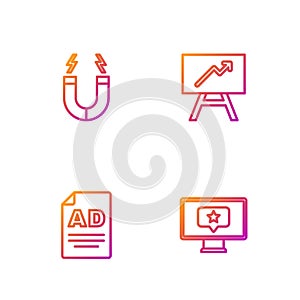 Set line Monitor with star, Advertising, Magnet and Board graph chart. Gradient color icons. Vector