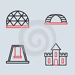 Set line Monkey bar, Swing for kids, Sand castle and Playground climbing equipment icon. Vector