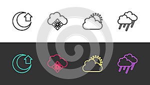 Set line Moon, Cloud with snow, Sun and cloud weather and rain on black and white. Vector