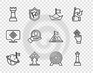 Set line Moon with flag, Chess, Folded paper boat, Target, Hand for search people, and icon. Vector