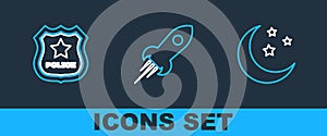 Set line Moon and stars, Police badge and Rocket ship with fire icon. Vector