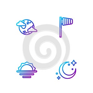 Set line Moon and stars, Sunrise, Earth planet with clouds and Cone windsock wind vane. Gradient color icons. Vector