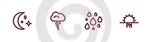 Set line Moon and stars, Water drop, Storm and Sunset icon. Vector