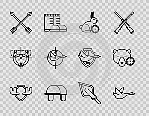 Set line Moose horns on shield, Flying duck, Hunt rabbit with crosshairs, Hunter hat, Crossed arrows, Hipster tip and