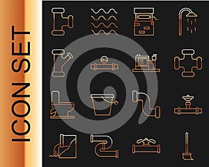 Set line Mop, Industry pipe and valve, metallic, Well, manometer, and Electric water pump icon. Vector