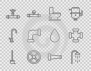 Set line Mop, Shower, Toilet bowl, Industry valve, pipe and, metallic, and icon. Vector