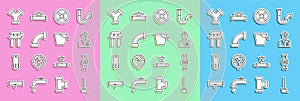 Set line Mop, Water meter, Plumber, Industry valve, metallic pipe, filter, and Bucket icon. Vector