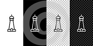 Set line Mosque tower or minaret icon isolated on black and white, transparent background. Vector