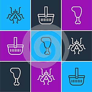 Set line Mosquito, Chicken leg and Picnic basket icon. Vector