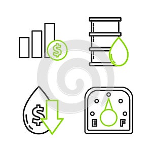 Set line Motor gas gauge, Drop in crude oil price, Barrel and Pie chart infographic and dollar icon. Vector