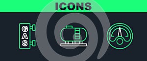 Set line Motor gas gauge, Gas filling station and Oil tank storage icon. Vector