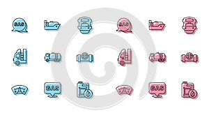 Set line Motor gas gauge, Location and station, Canister for motor oil, Tanker truck, Metallic pipes valve, Gas tank