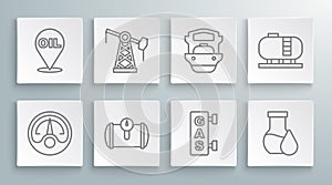 Set line Motor gas gauge, Oil pump pump jack, Gas tank for vehicle, filling station, petrol test tube, tanker ship