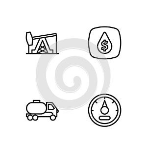 Set line Motor gas gauge, Tanker truck, Oil pump pump jack and drop with dollar symbol icon. Vector